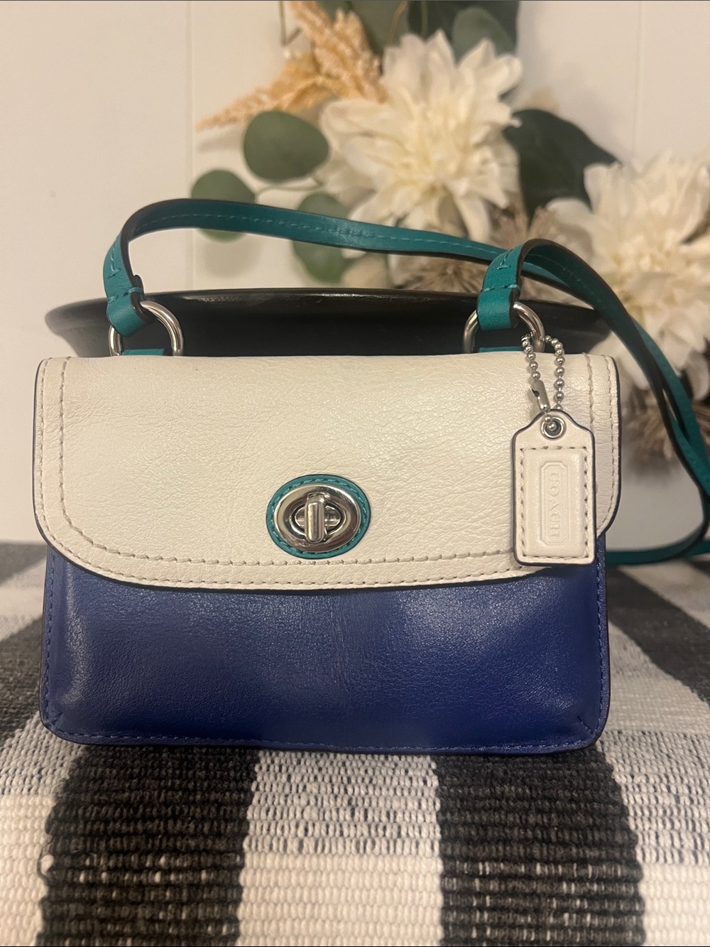 Coach Colorblock Leather Crossbody Wallet – Blue, Cream & Teal